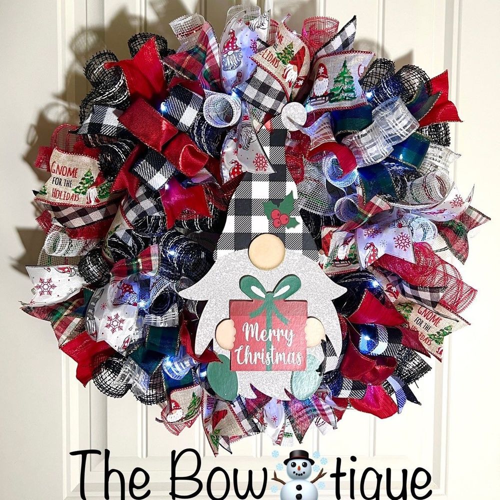 Handmade Merry Christmas Gnome Holiday Ribbon Door Wreath 22 ins W48